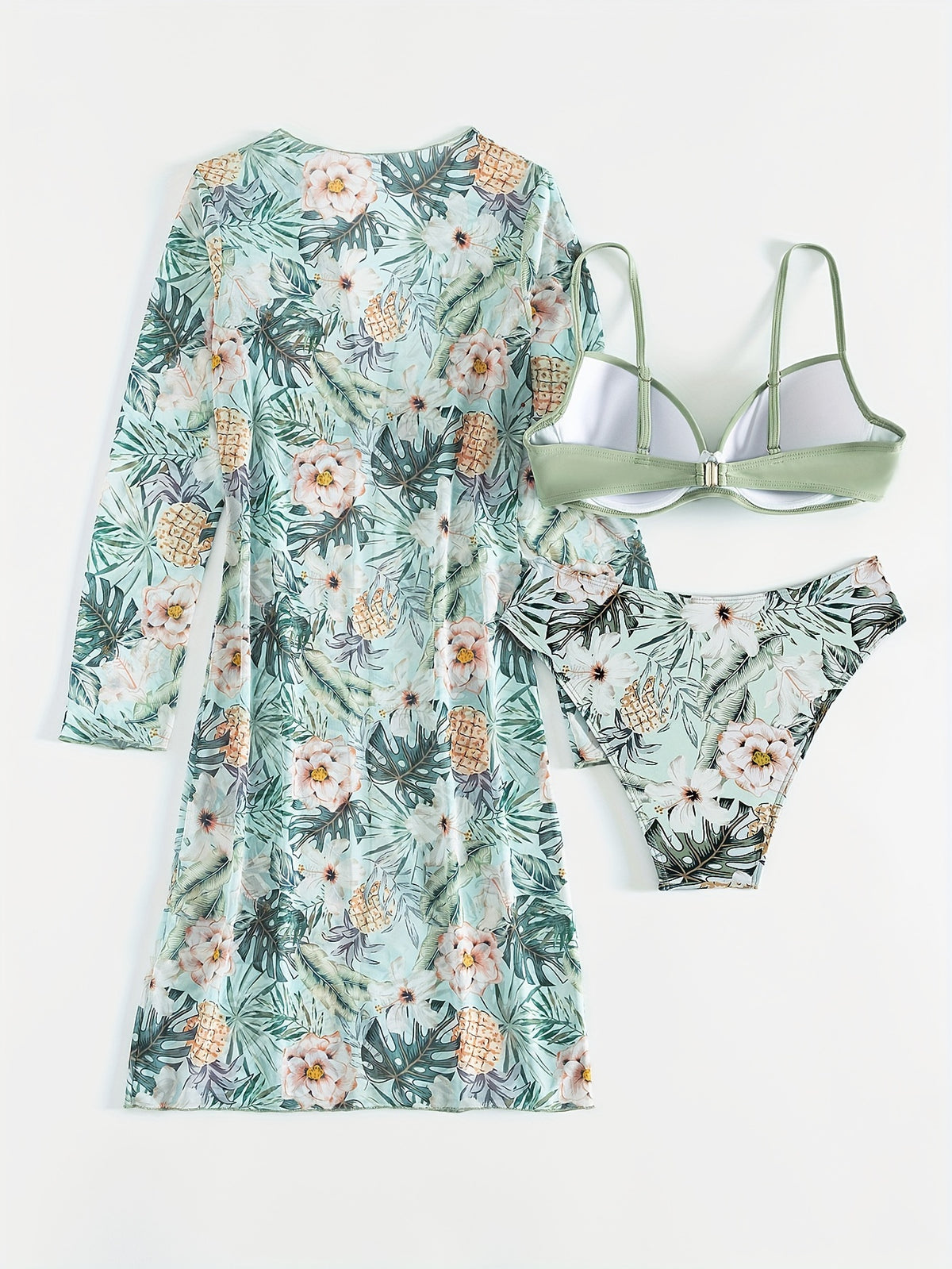 Conjunto de Bikini con Estampado de Plantas y Kimono Fruncido - 3 Piezas