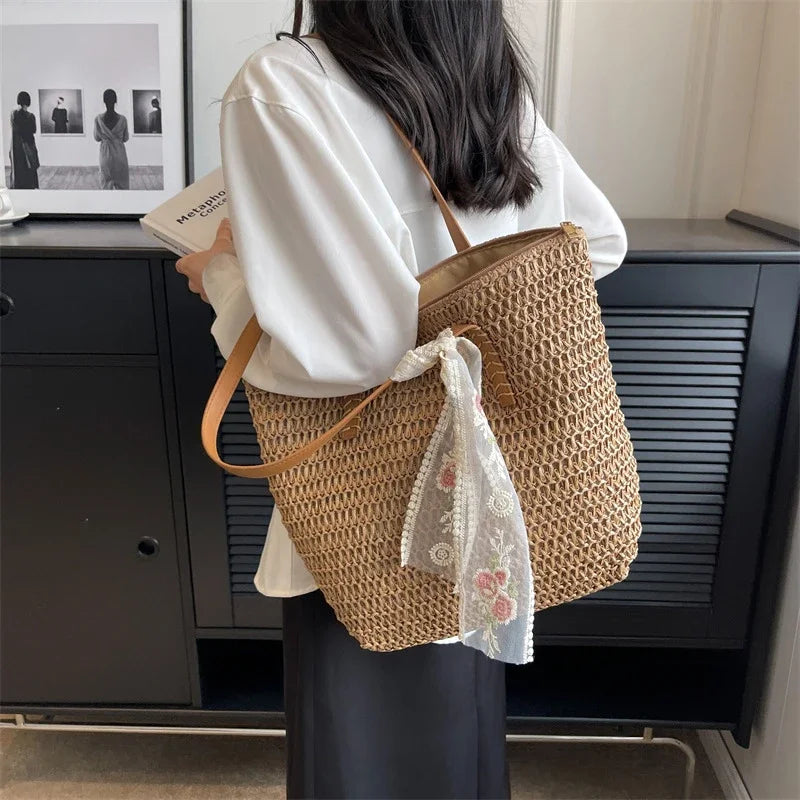 Bolso de mano de gran capacidad de verano, bolso de hombro para mujer, bolso tejido hecho a mano, bolso de mujer tejido de hierba de mano Rural fresco