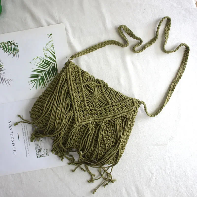 Bolso de mano tejido de paja bohemio para mujer, bolso de mano informal con borla Simple, bolso cruzado de playa de verano para mujer