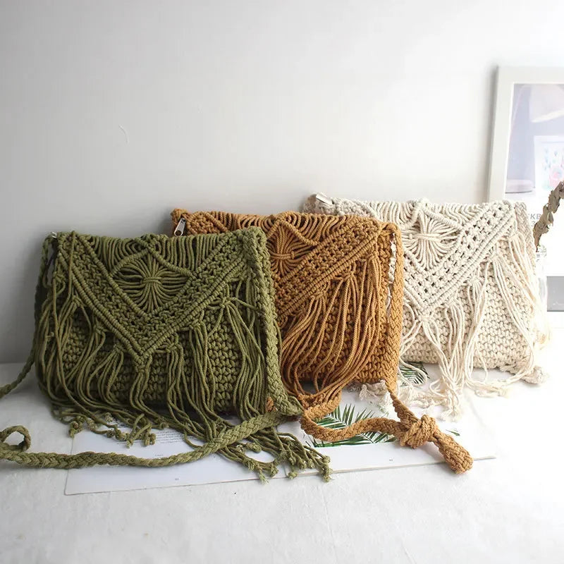 Bolso de mano tejido de paja bohemio para mujer, bolso de mano informal con borla Simple, bolso cruzado de playa de verano para mujer