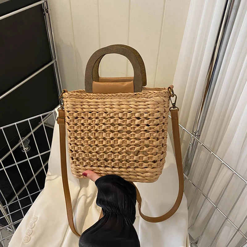 Bolso de playa bohemio de paja de verano para mujer, bandolera informal de gran capacidad hecha a mano con asa