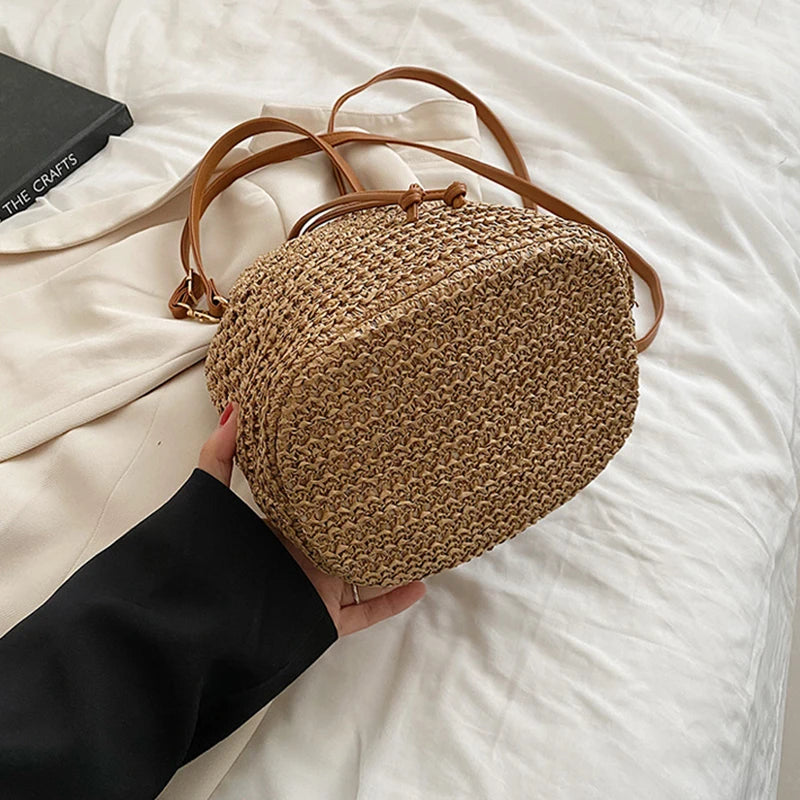 Bolso de paja tejido para mujer, bandolera tipo cubo, bolso de playa de verano, bolsos de hombro de viaje Retro, bolso de viaje pequeño y bolso para mujer