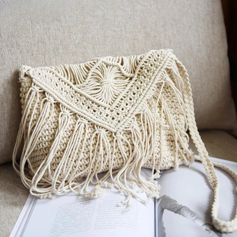 Bolso de mano tejido de paja bohemio para mujer, bolso de mano informal con borla Simple, bolso cruzado de playa de verano para mujer