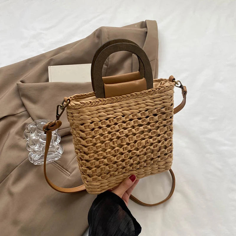 Bolso de playa bohemio de paja de verano para mujer, bandolera informal de gran capacidad hecha a mano con asa
