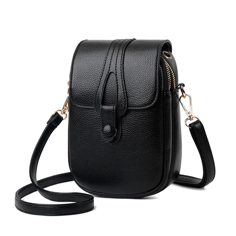 Mini bolso de hombro de cuero multifuncional para teléfono móvil/bolsas cruzadas deportivas con conector para auriculares, bolso de mujer multicapa con funda