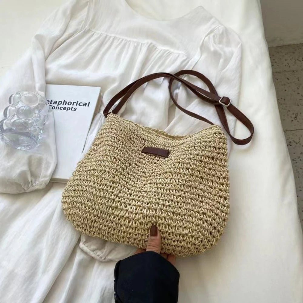 Bolso cruzado tejido de paja, bolso tejido de paja simple de un solo hombro, bolso de playa de vacaciones, bolso de mujer versátil