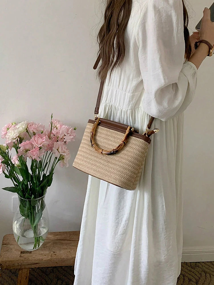 2025 nuevo bolso tejido de verano, bolso cruzado a la moda, bolso tipo cubo, bolso de hombro, bolso informal para ir al trabajo diario para mujer, bolso de playa