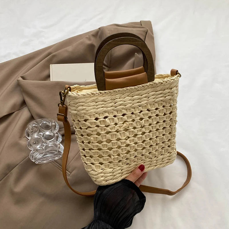 Bolso de playa bohemio de paja de verano para mujer, bandolera informal de gran capacidad hecha a mano con asa