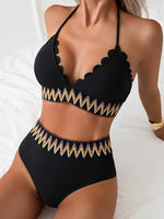 Bikini geométrico negro y azulcon detalles de cordones